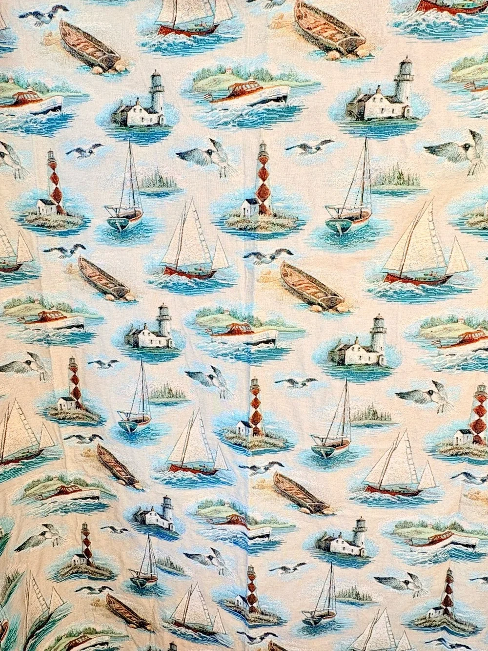 Vintage Jaccquard Nautical Sailing Lighthouse Tapestry Upholstery Fabric 60”x70”